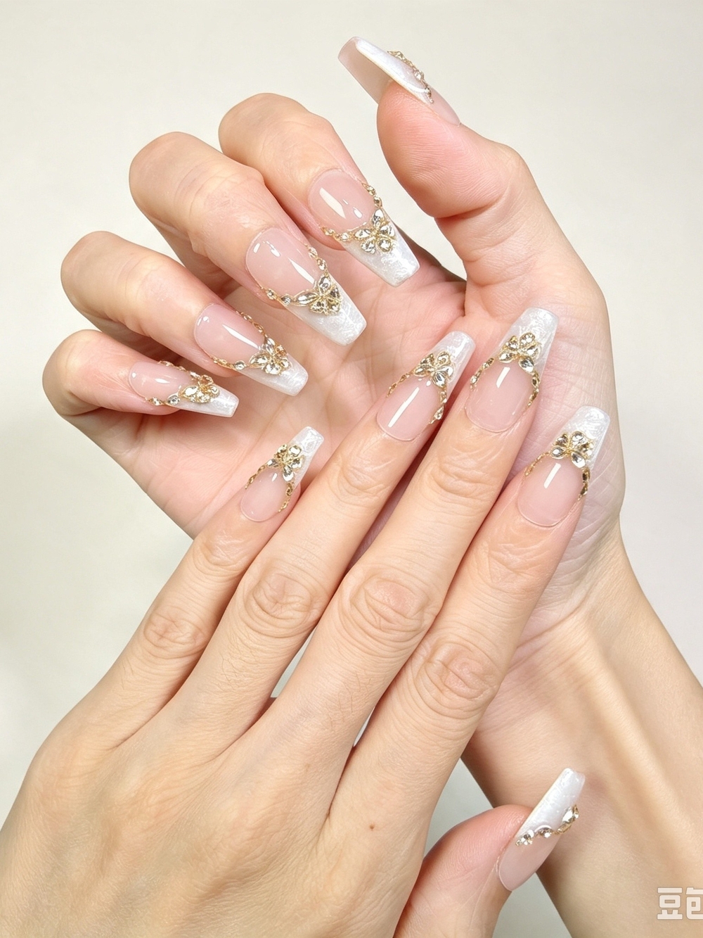 Nude Long Coffin Press On Nails With White Shimmer French Tips Gold Rhinestones